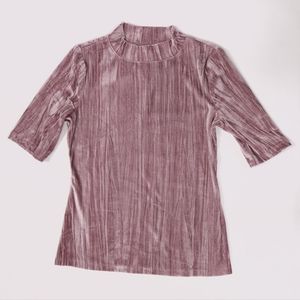 Pilcro Anthropologie NWT Velvet Short Sleeved Mocked Neck Top Shirt Rose Pink XS